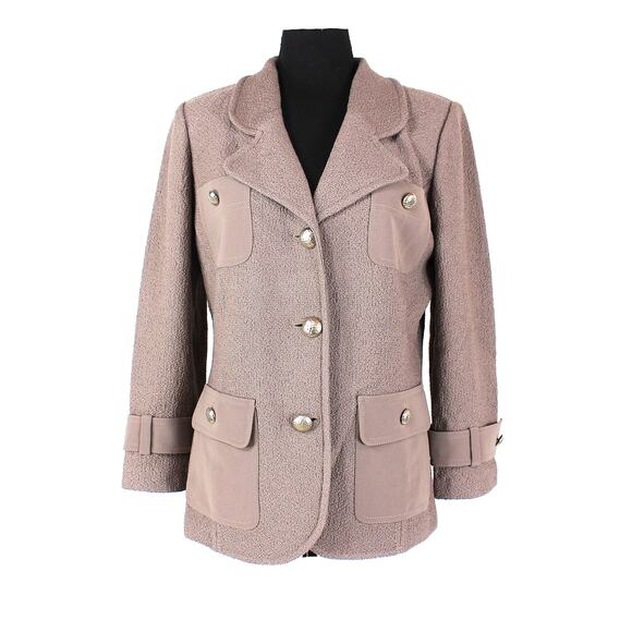 St. John Textured Knit Blazer Taupe Brown Hammered Button Up Jacket Size 10 - Picture 1 of 7